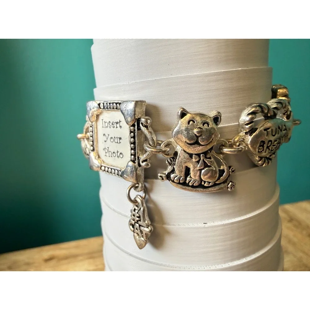 Cookie Lee Charm Bracelet Womens 6.5 Silver Cat Mom Tuna Breath Photo Frame Y2K